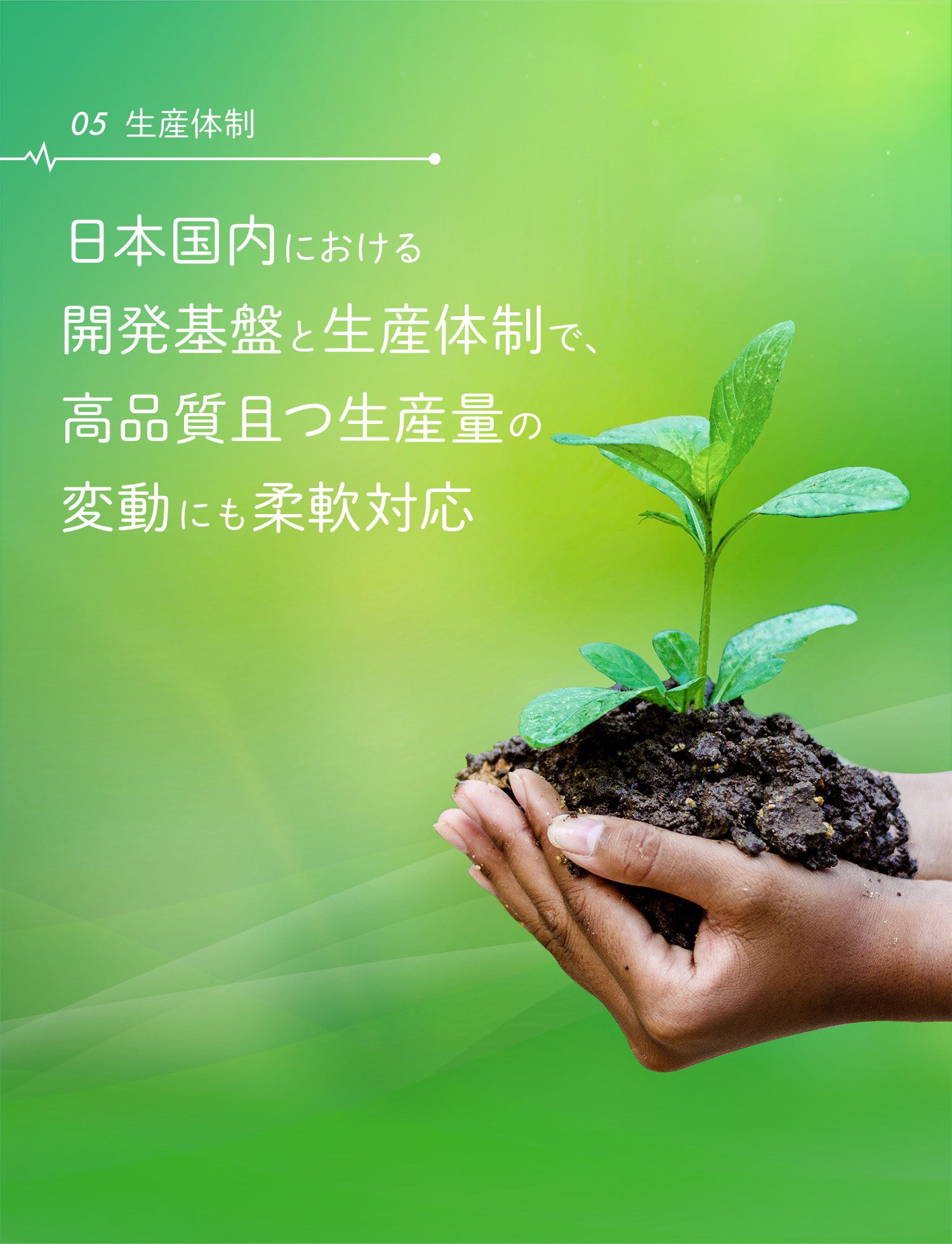 ［05 生産体制］日本国内における開発基盤と生産体制で、高品質且つ生産量の変動にも柔軟対応 High quality and flexible response to fluctuation in production volume with development infrastructure and production system in Japan.